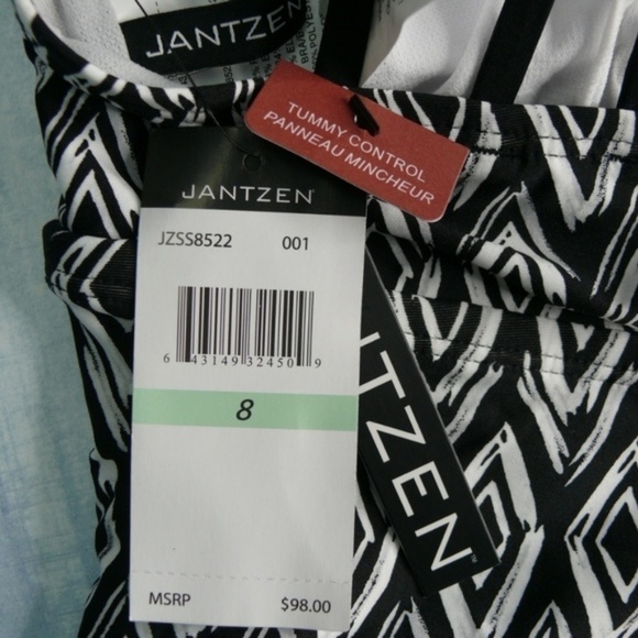 Jantzen Swimsuit Size 8 NWT One Piece Geometric Black White Lined Tummy Control - Picture 4 of 11